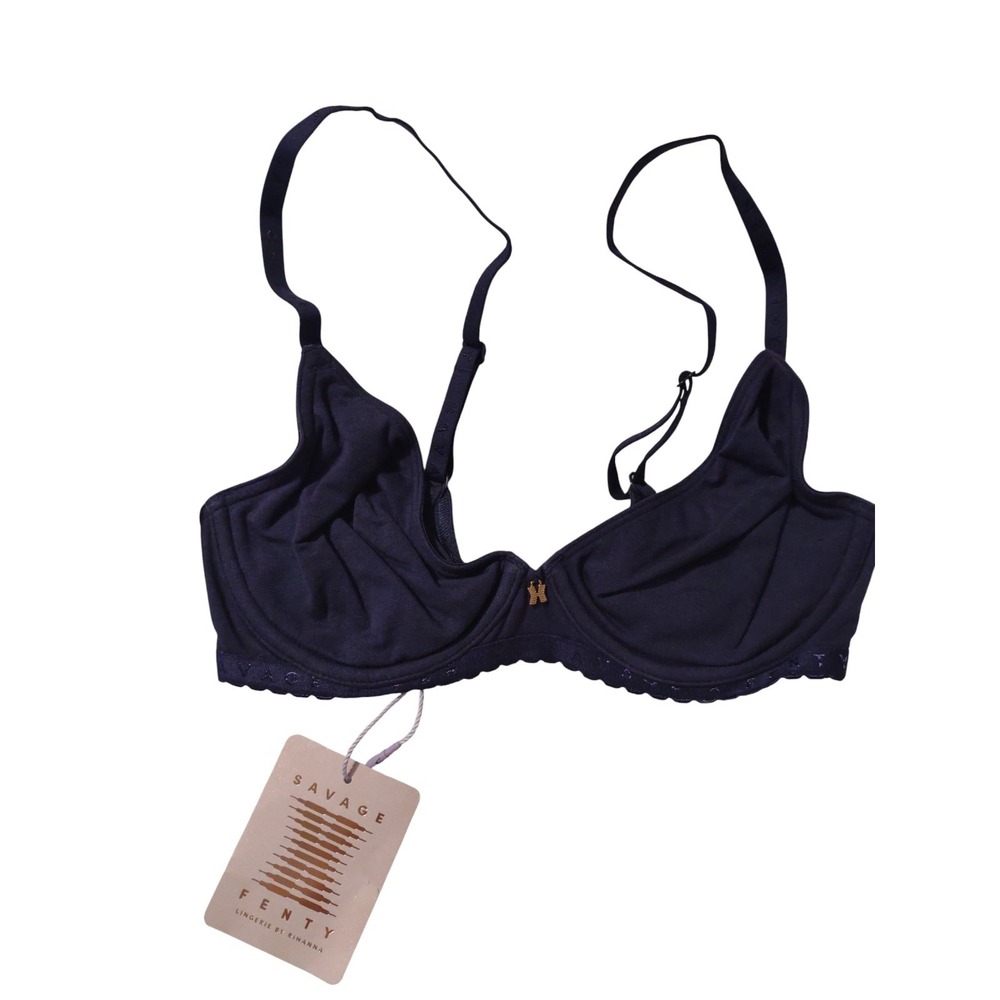 New Savage X Fenty Cotton Unlined Bra Navy Blue 30C‎ Classic Logo Lightweight